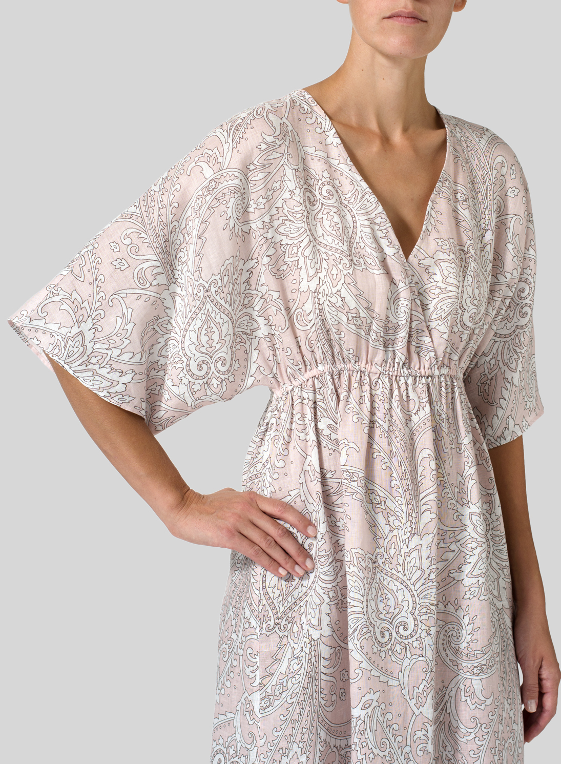 Linen Printed V-Neck Dolman Sleeves Dress - Plus Size