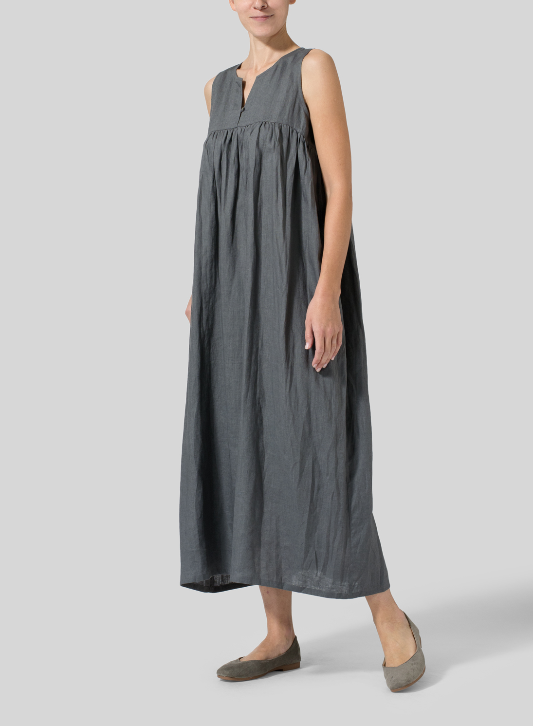 Linen Sleeveless Pleated Maxi Dress - Plus Size