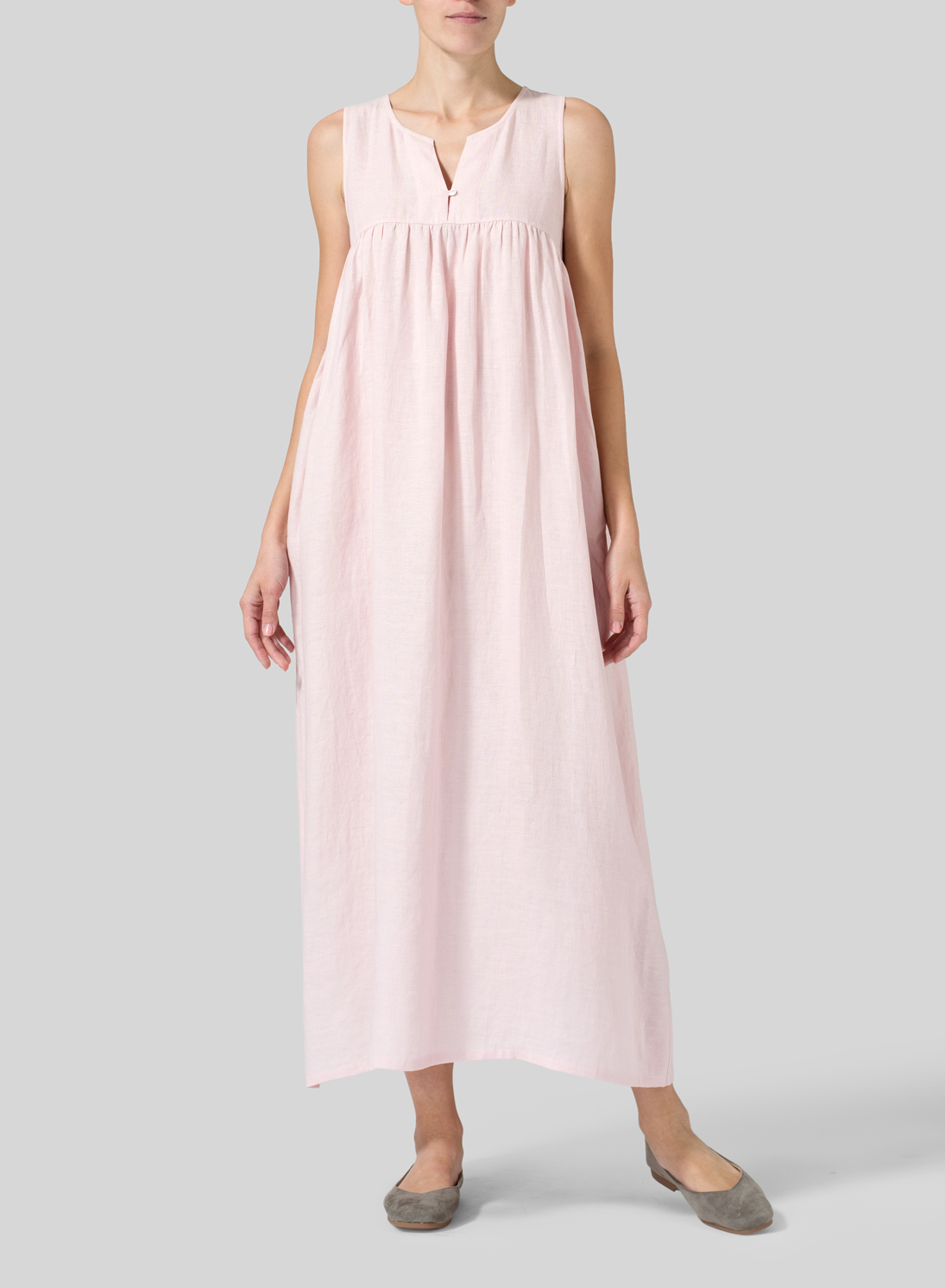 Baby Pink Linen Sleeveless Pleated Maxi Dress