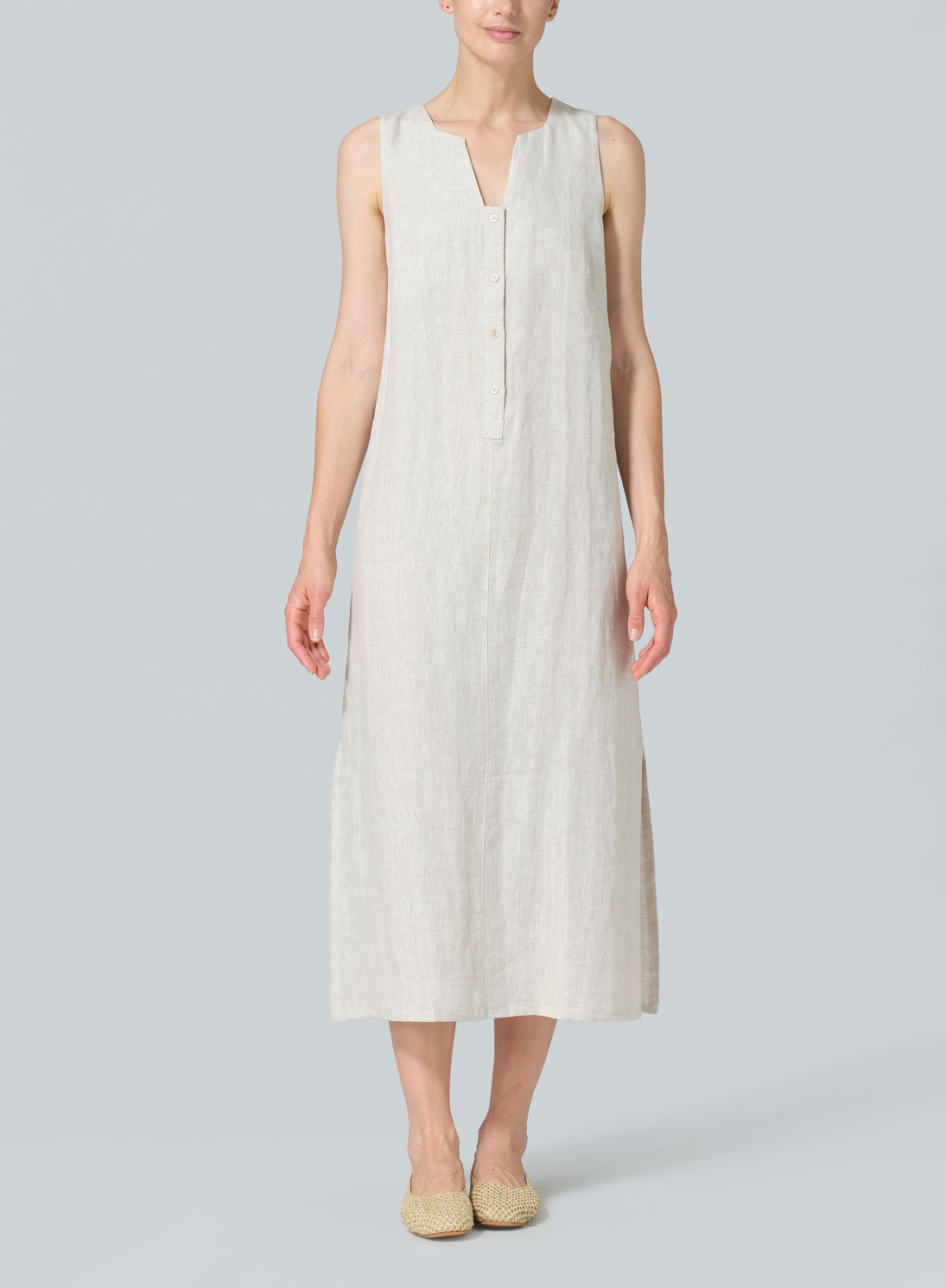 Linen Front Placket Opening Straight Cut Long Dress