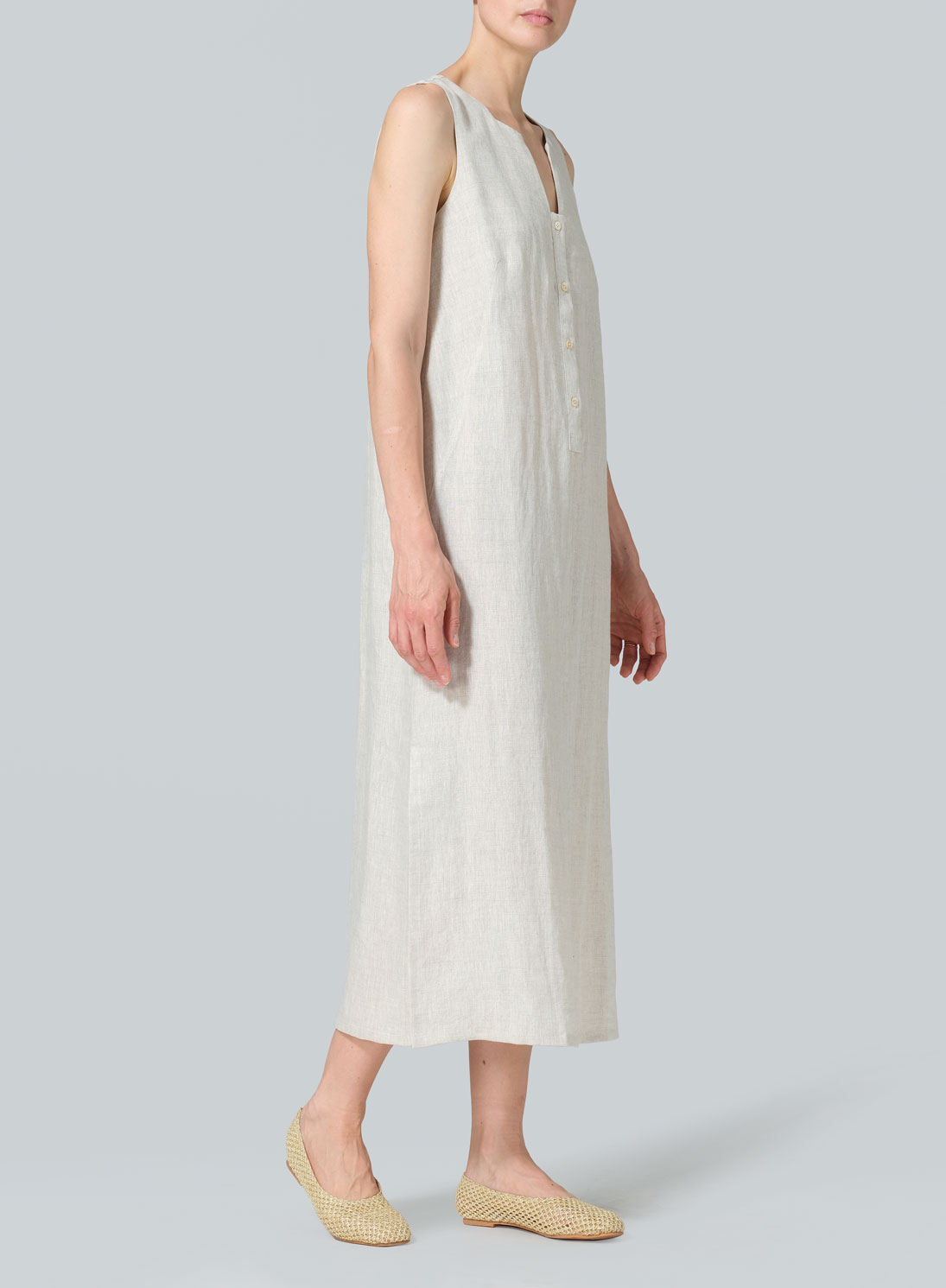 Linen Front Placket Opening Straight Cut Long Dress