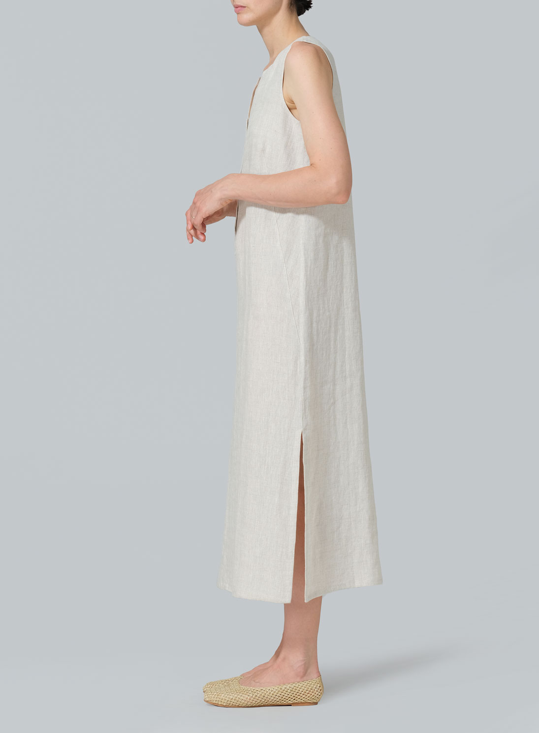 Linen Front Placket Opening Straight Cut Long Dress