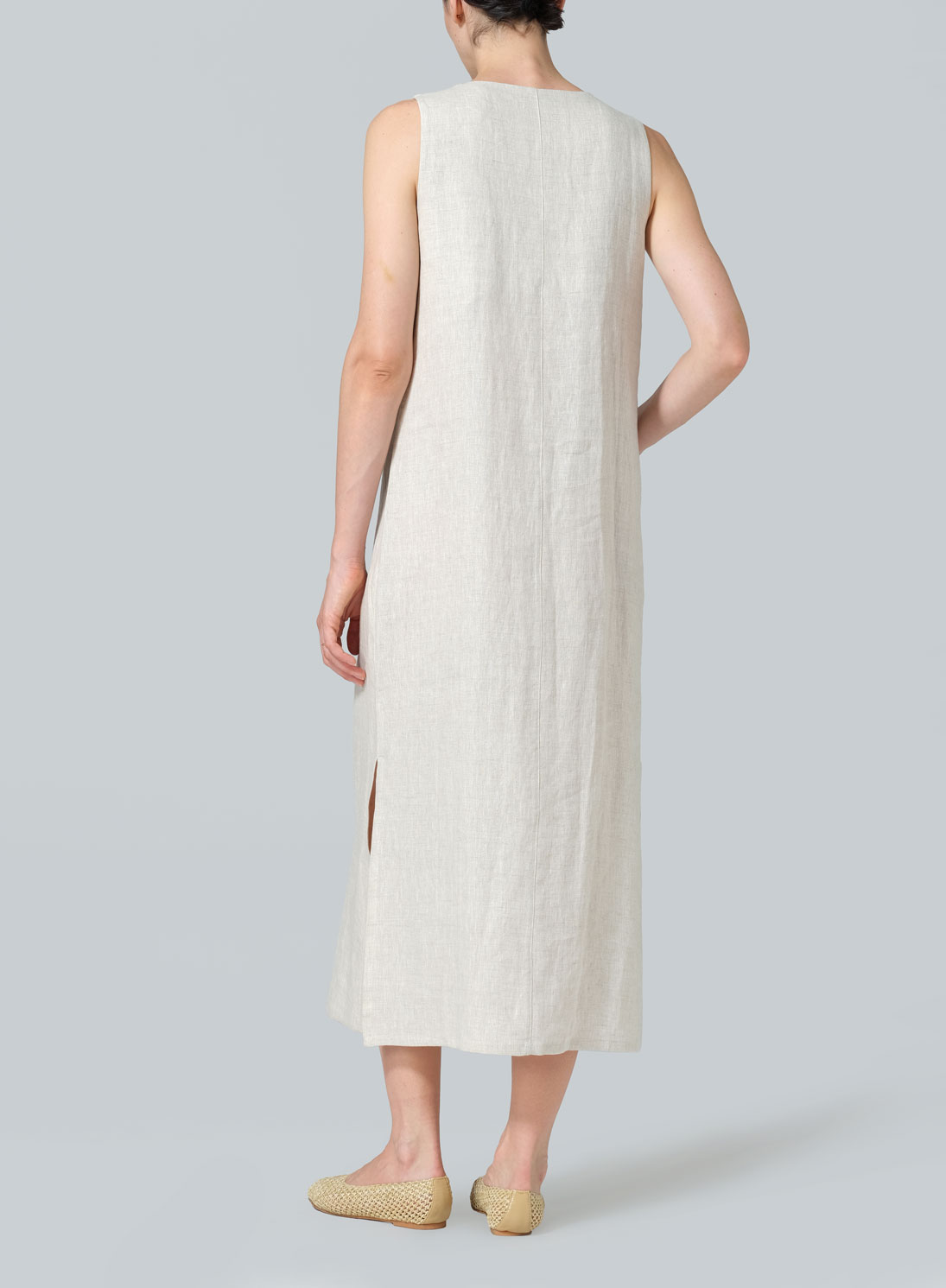 Linen Front Placket Opening Straight Cut Long Dress