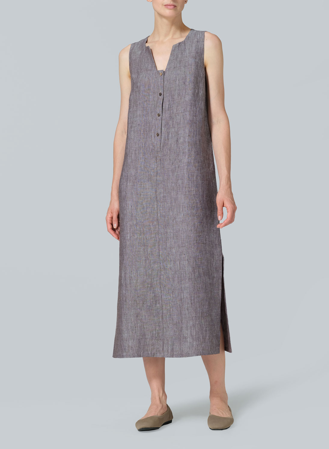 Linen Front Placket Opening Straight Cut Long Dress