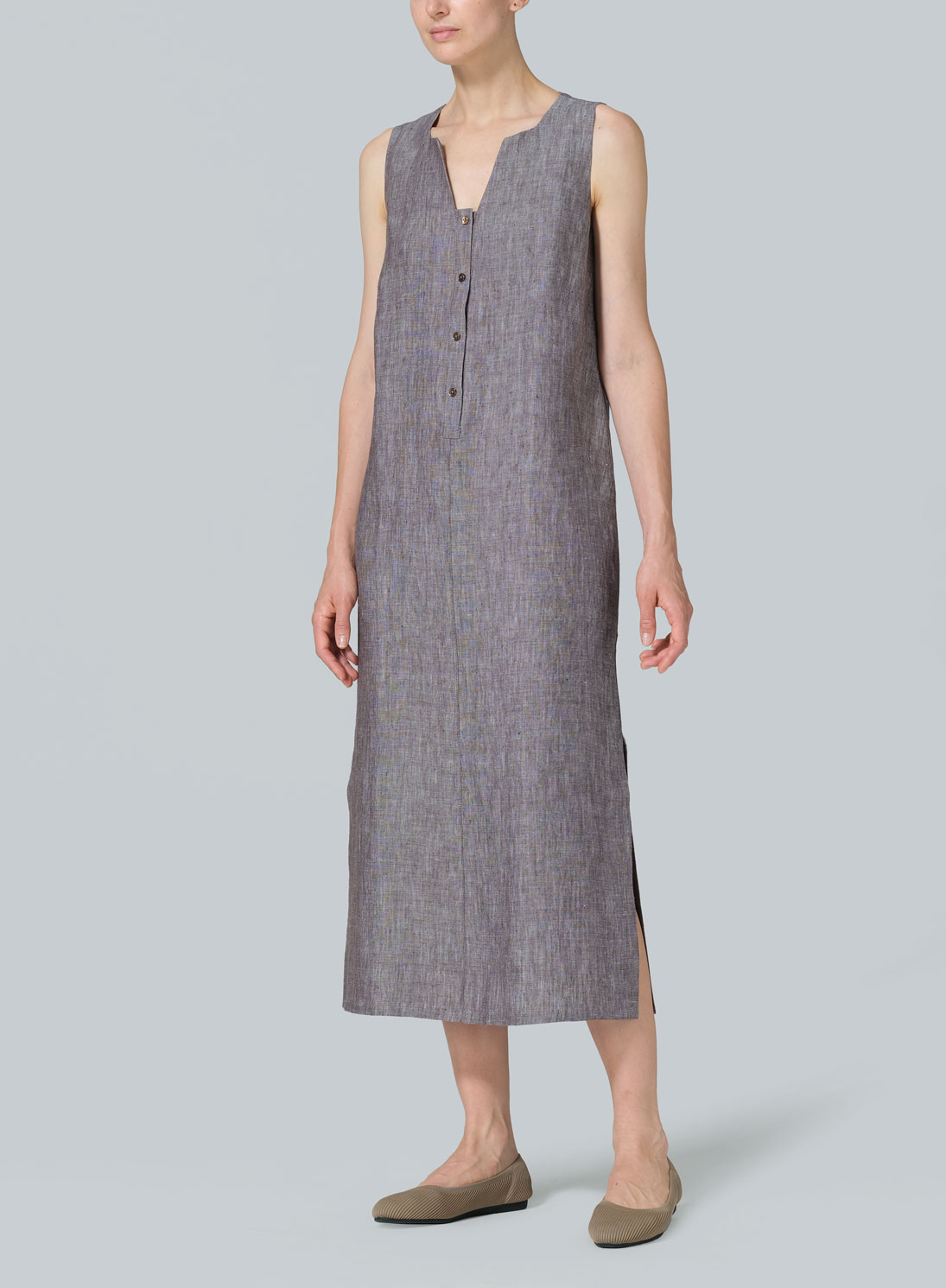 Linen Front Placket Opening Straight Cut Long Dress