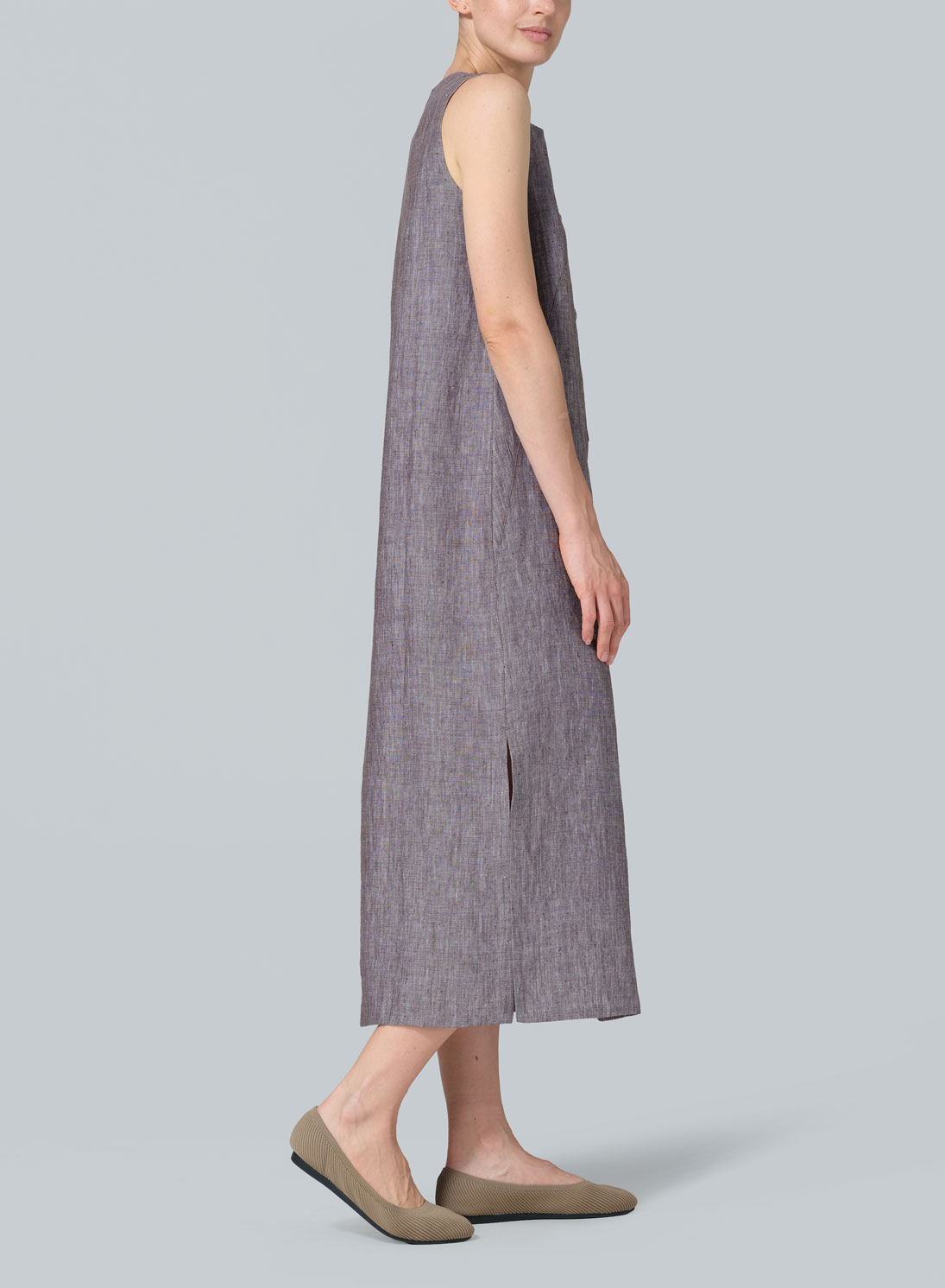 Linen Front Placket Opening Straight Cut Long Dress