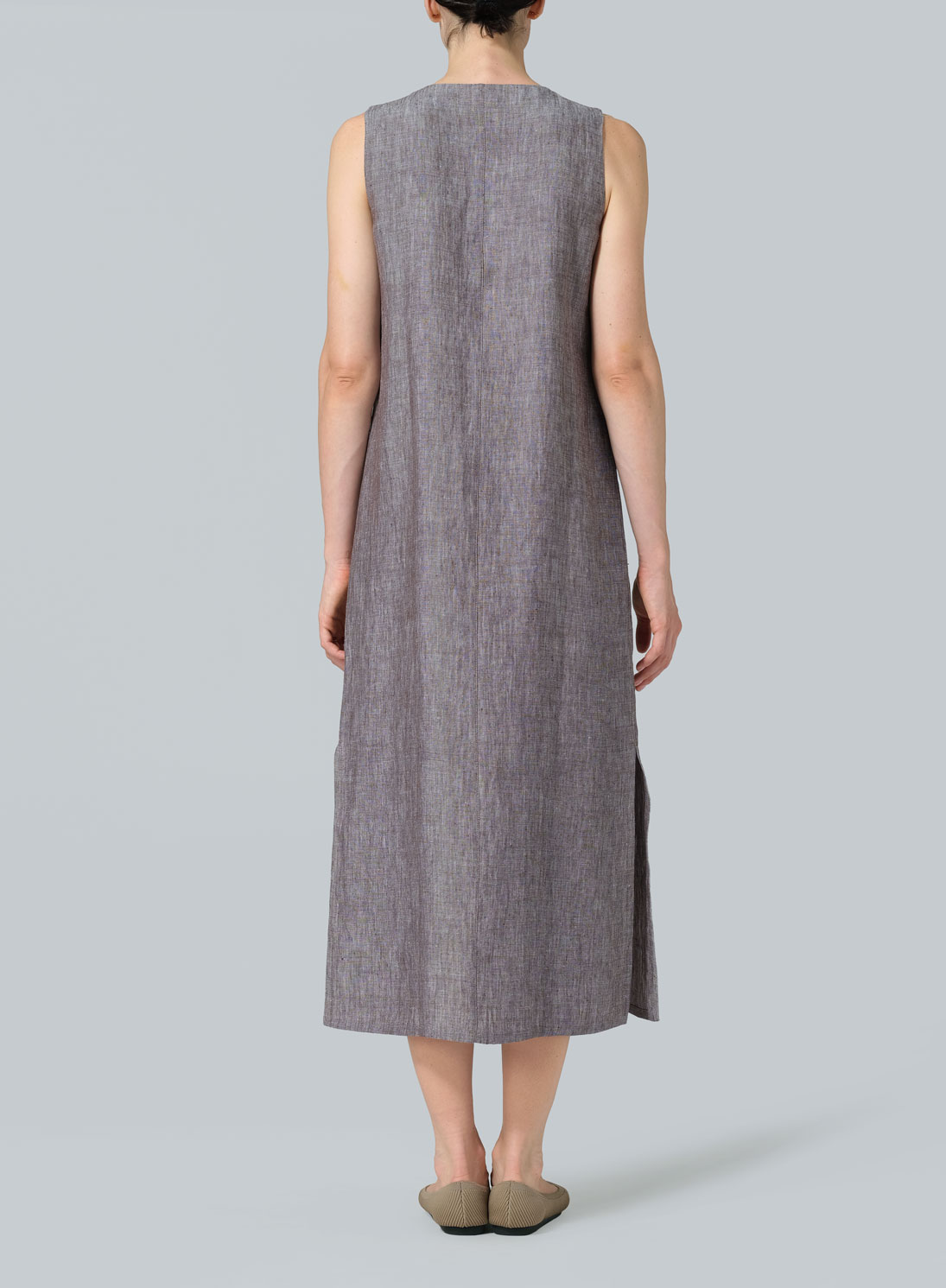 Linen Front Placket Opening Straight Cut Long Dress