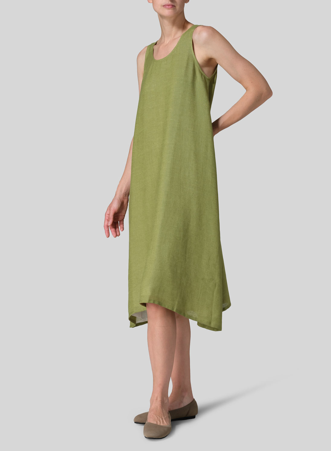 Silk Linen Lining A-Shape Midi Dress