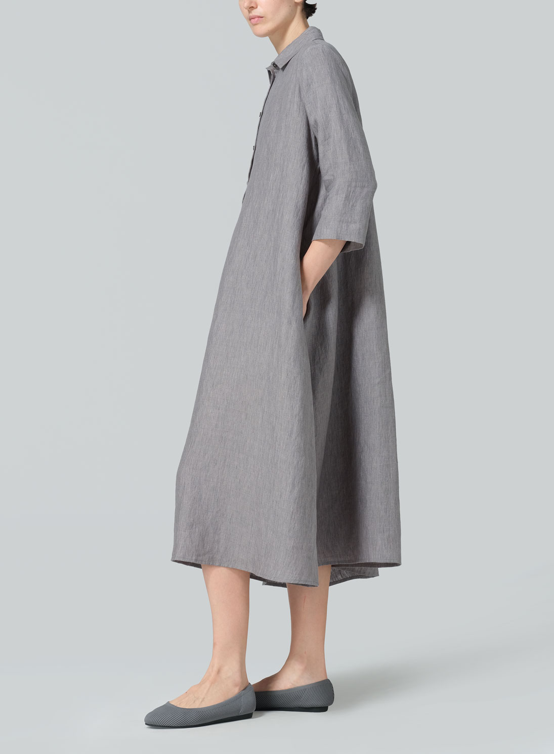 Linen A-Line Midi Shirt Dress