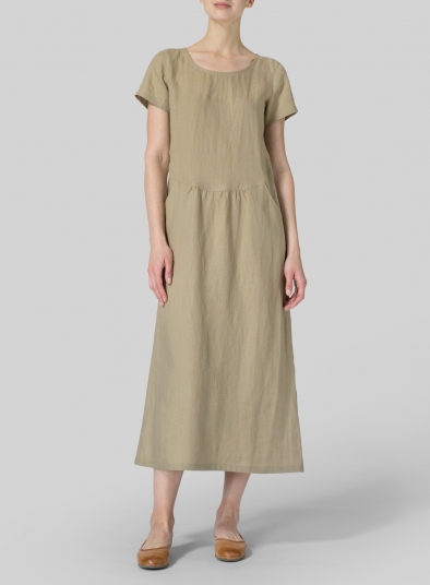 Khaki Sand Linen Short Sleeve Dress