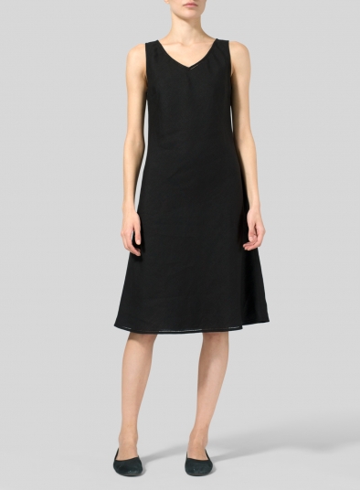 Linen Bias Cut Sleeveless Short Dress - Plus Size