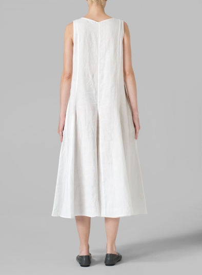 White Linen Sleeveless Tea Length Dress Set - Plus Size