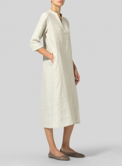 Linen V-neck Mandarin Collar Dress Tunic - Plus Size