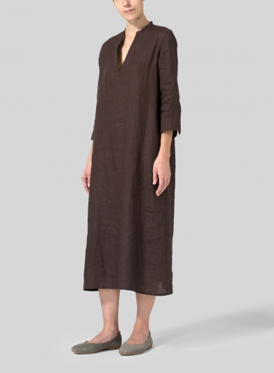 Brown Linen V-neck Mandarin Collar Dress Tunic