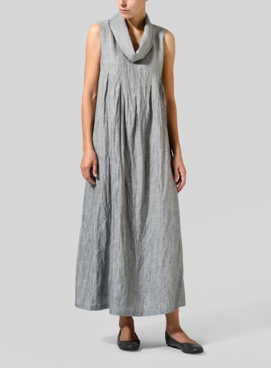 Linen Funnel Neck Long Dress