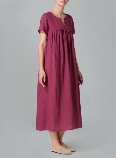 Linen Short Sleeves Pleated Maxi Dress