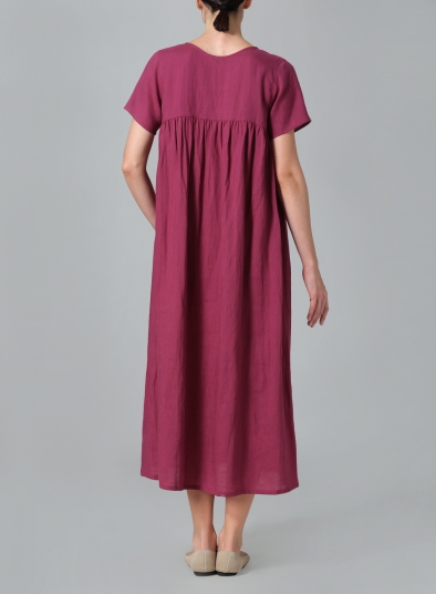 Linen Short Sleeves Pleated Maxi Dress