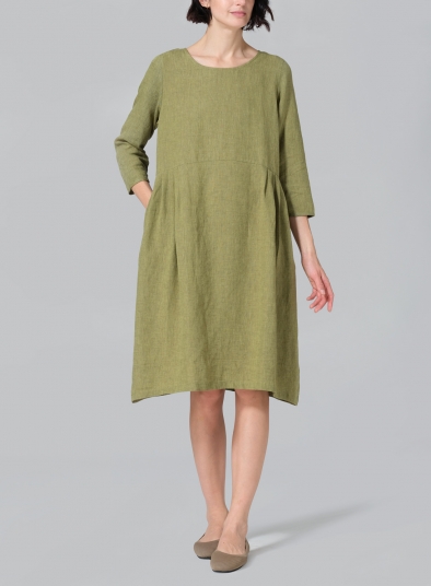 Linen A-line Mid-Length Pleated-Waist Dress