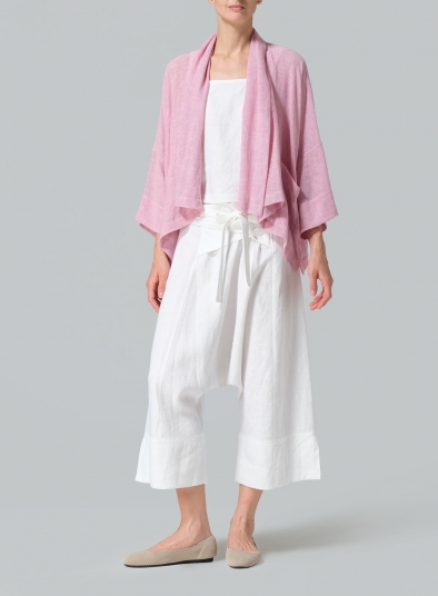 Gauze Linen Shawl Collar Open Front Cropped Jacket