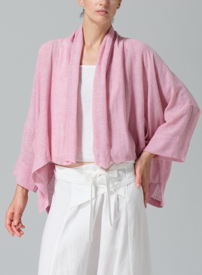 Gauze Linen Shawl Collar Open Front Cropped Jacket