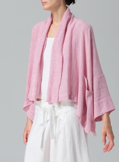 Gauze Linen Shawl Collar Open Front Cropped Jacket