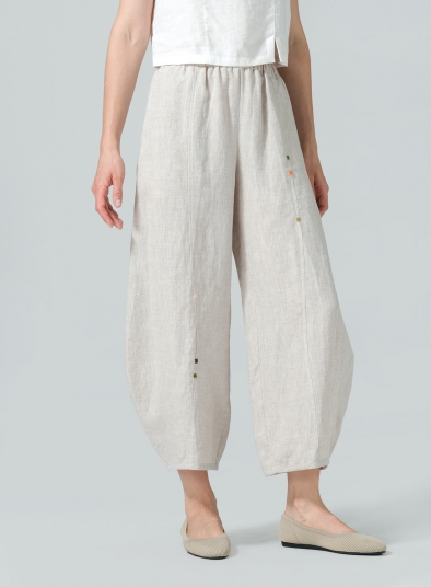 Linen Embroidered Cropped Pants