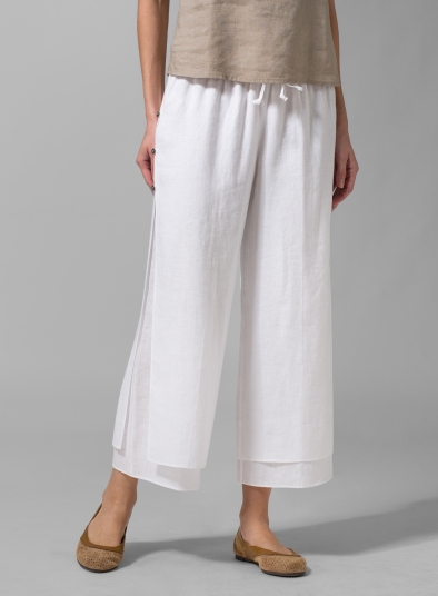 Linen Double-Layer Cropped Pants With Sea Shell Button - Plus Size