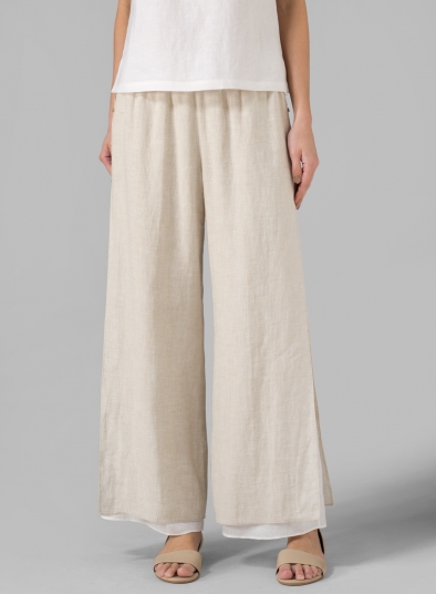 Linen Double Layers Pants With Sea Shell Button - Plus Size