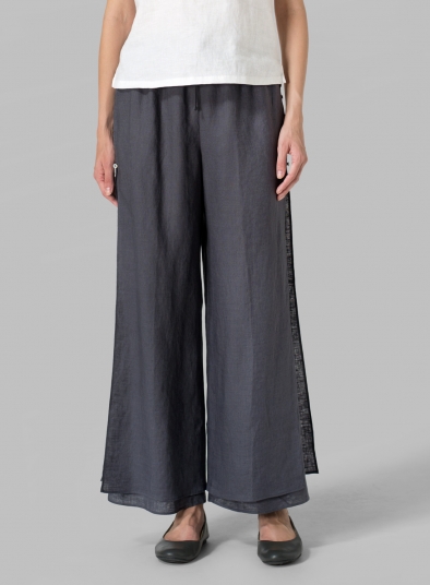 Linen Double Layers Pants With Sea Shall Button - Plus Size
