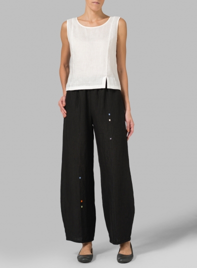 Linen Embroidered Ankle Length Pants - Plus Size