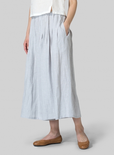 Warm Gray Linen Short Sleeve Pleated Blouse Set