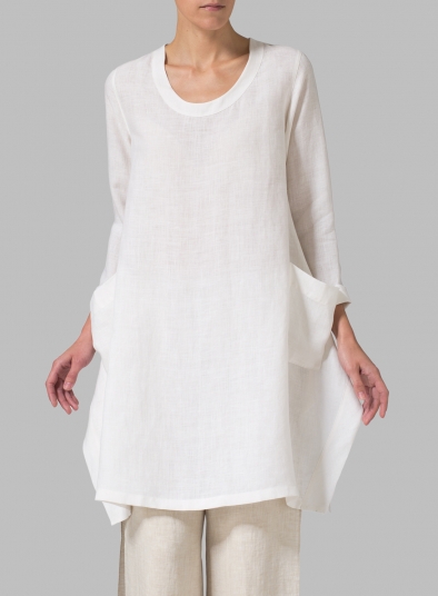 Off White Linen Long Sleeve Top - Plus Size
