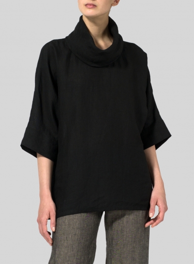 Black Linen Cowl Neck Top - Plus Size