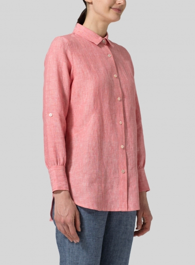 Linen Long Sleeve Uneven Hem Shirt - Plus Size