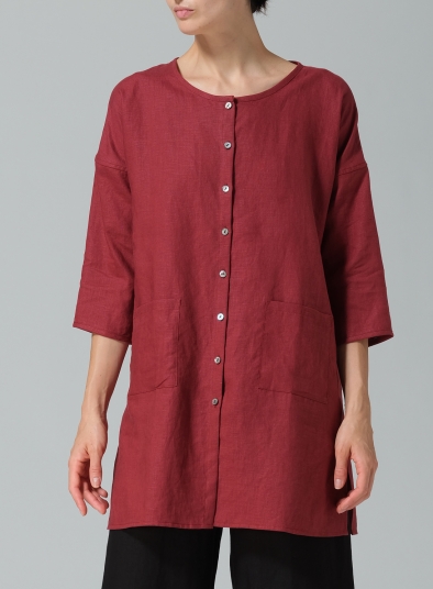 Linen Round Neck Button Front Top