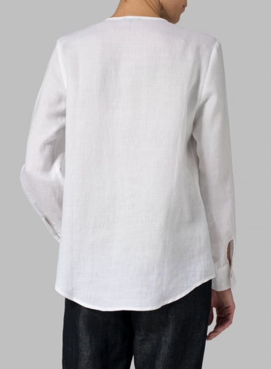 Linen Round Neck Long Sleeve Shirt - Plus Size