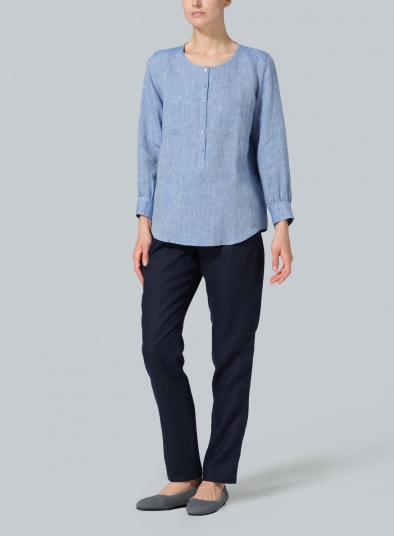 Linen Round Neck Long Sleeve Shirt