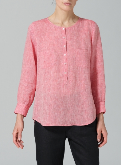 Linen Round Neck Long Sleeve Shirt