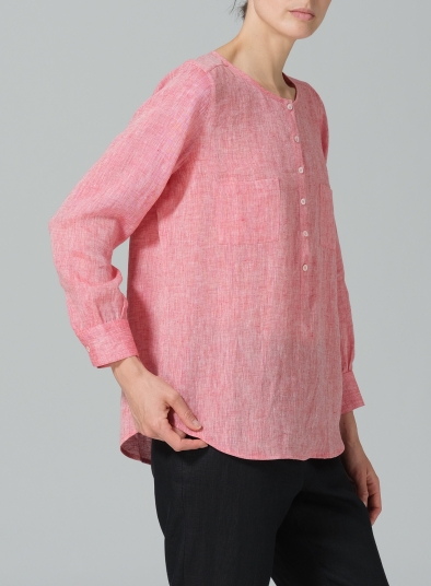 Linen Round Neck Long Sleeve Shirt