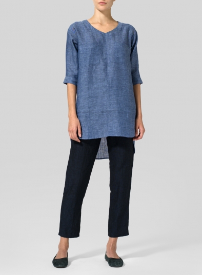 Azure Blue Linen Drop-shoulder Tunics Set - Plus Size