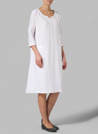 Linen White Half-sleeve Monk Dress