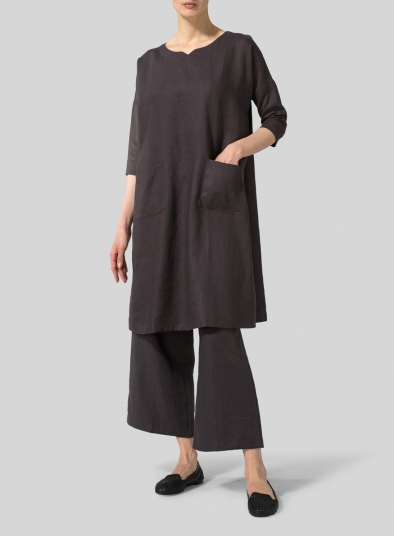 Linen Half-sleeve Monk Dress With Scarf