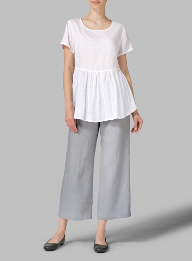 White Linen Short Sleeve Pleated Blouse Set