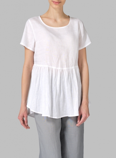 White Linen Short Sleeve Pleated Blouse Set