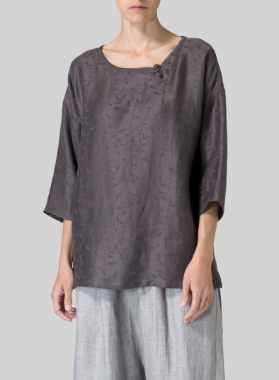 Brown Linen Scoop Neck Patterned Tunic - Plus Size