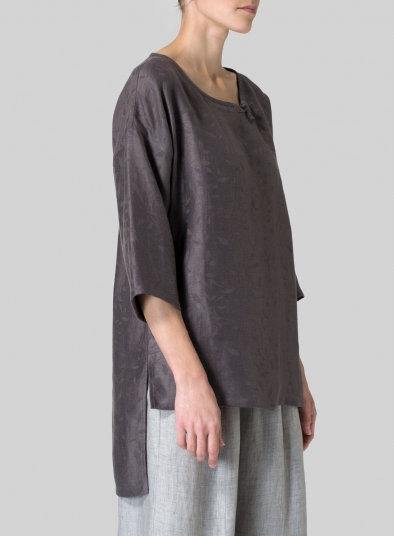 Brown Linen Scoop Neck Patterned Tunic - Plus Size