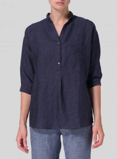 Linen Blouse With V-neck Mandarin Collar