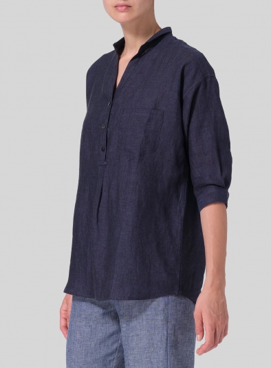 Linen Blouse With V-neck Mandarin Collar