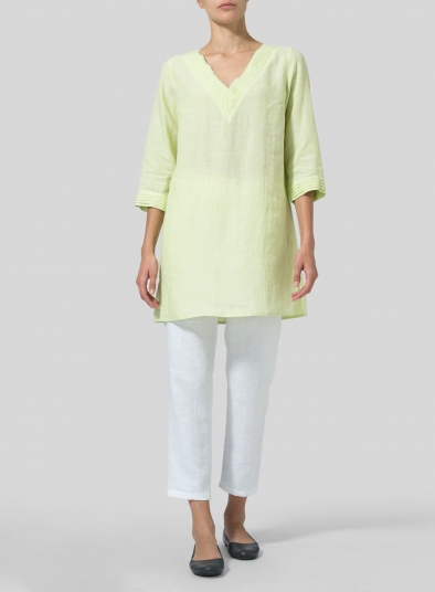Lime Linen V-neckline Pleated Tunics - Plus Size