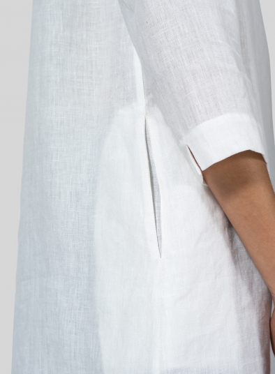 White Linen V-neck Mandarin Collar Tunic - Plus Size
